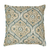 A blue, cream and brown linen cushion with a central motif pattern.