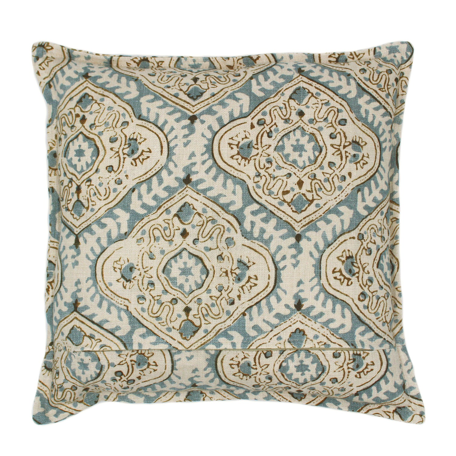 A blue, cream and brown linen cushion with a central motif pattern.