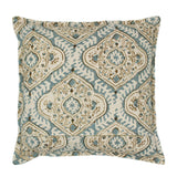 A blue, cream and brown linen cushion with a central motif pattern.