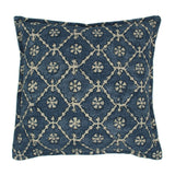 A blue and cream linen cushion with a traditional Uzbekistan hand block prints pattern.