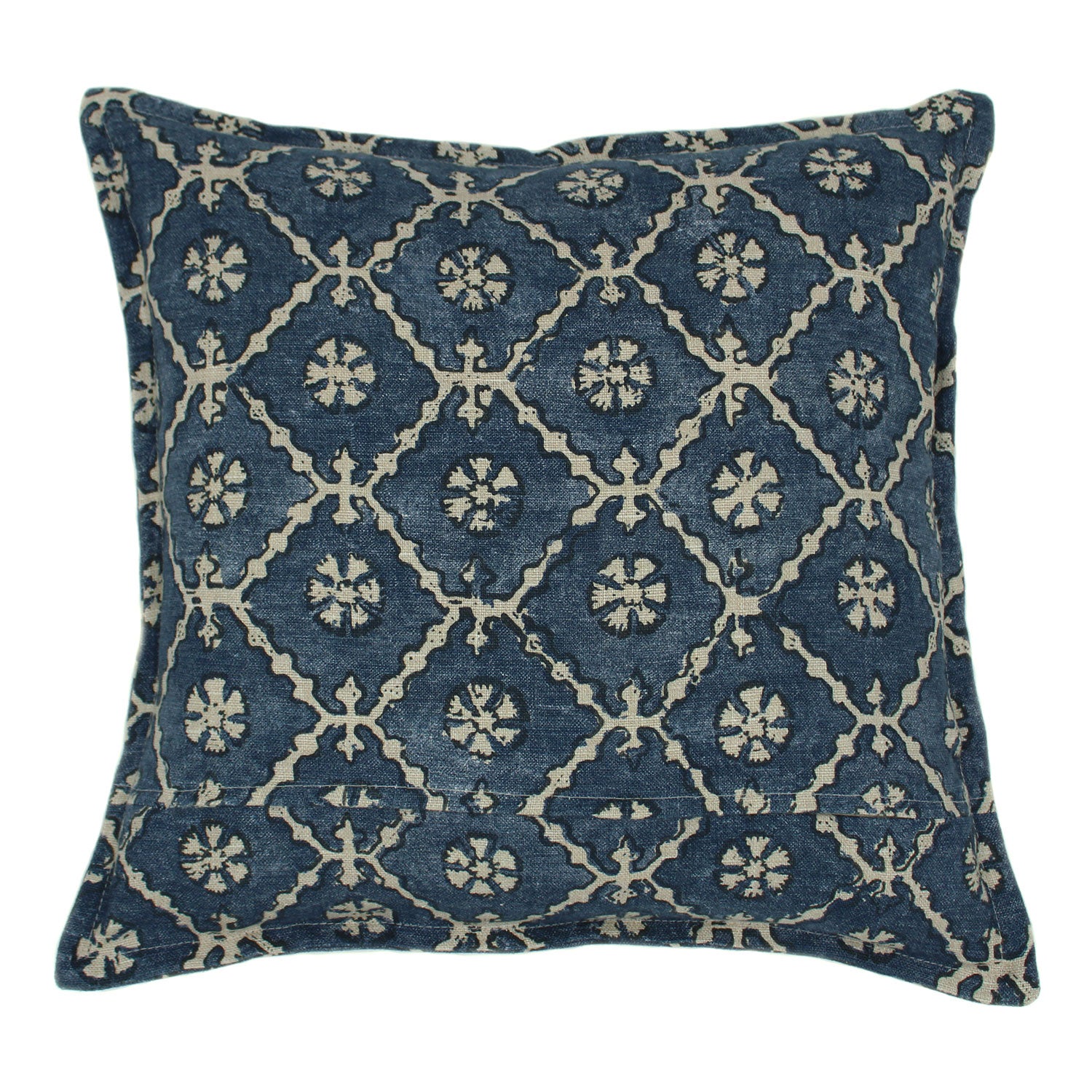 A blue and cream linen cushion with a traditional Uzbekistan hand block prints pattern.