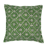 A green and cream linen cushion with a traditional Uzbekistan hand block prints pattern.