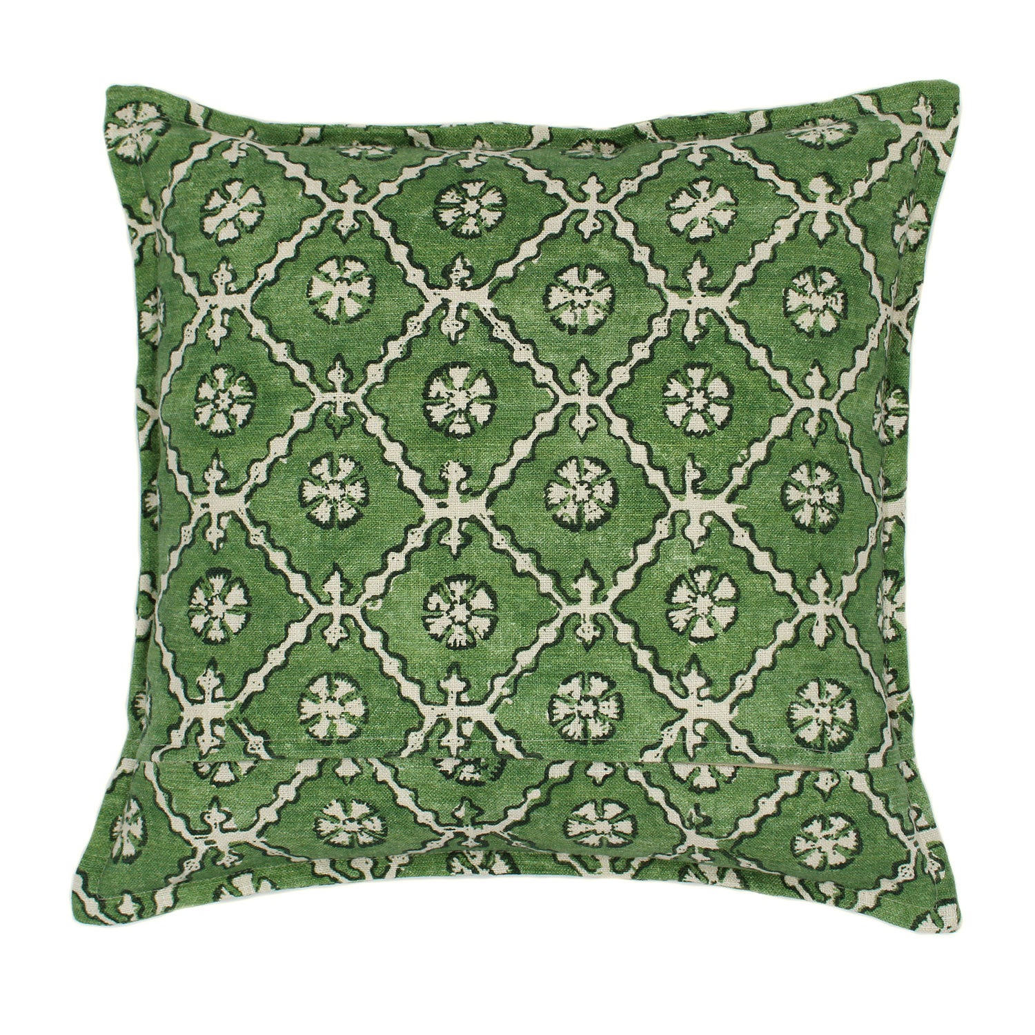 A green and cream linen cushion with a traditional Uzbekistan hand block prints pattern.