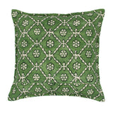 A green and cream linen cushion with a traditional Uzbekistan hand block prints pattern.