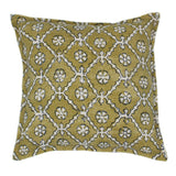 A yellow and cream linen cushion with a traditional Uzbekistan hand block prints pattern.