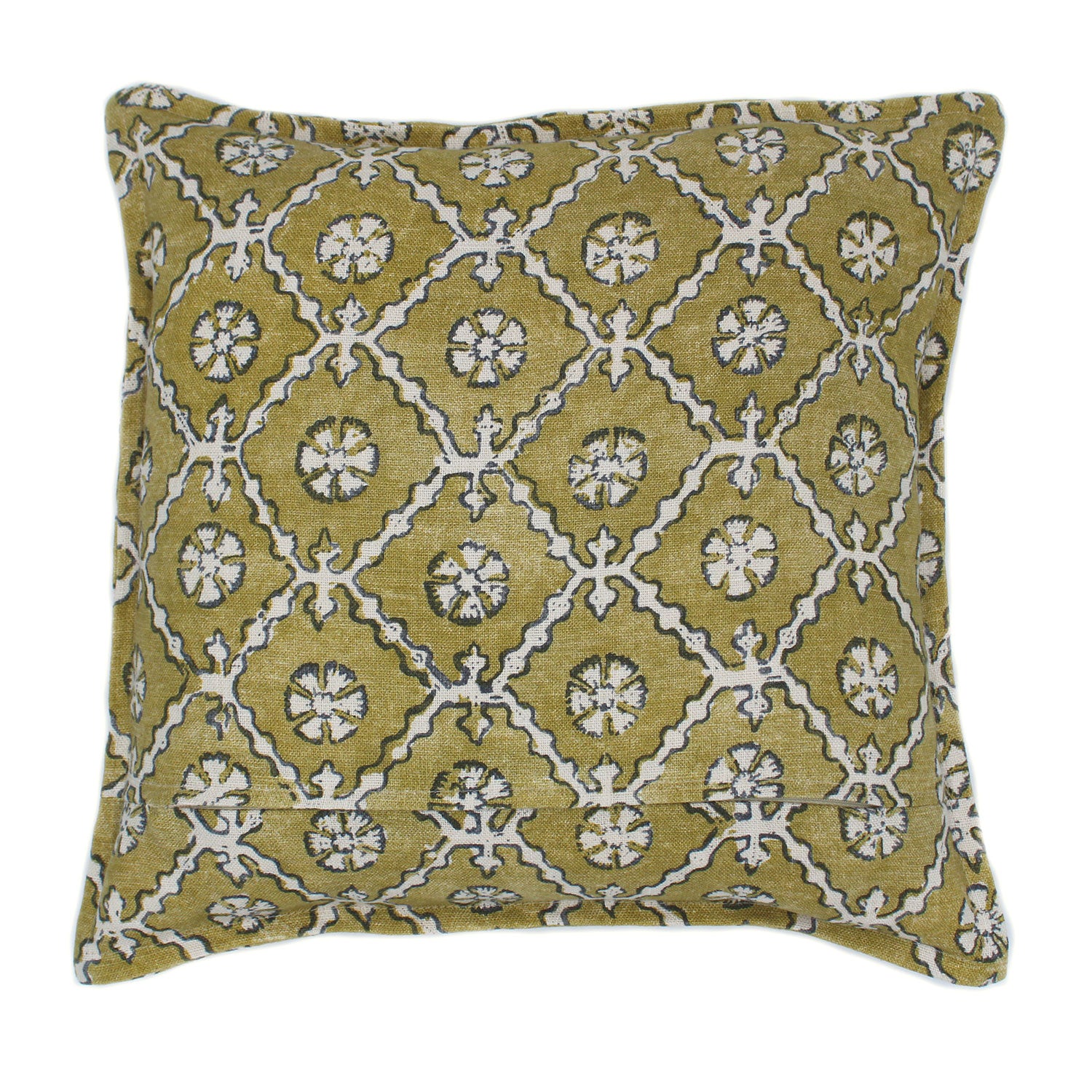 A yellow and cream linen cushion with a traditional Uzbekistan hand block prints pattern.