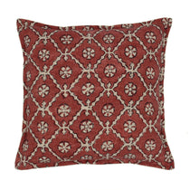 A red and cream linen cushion with a traditional Uzbekistan hand block prints pattern.