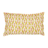 A multicoloured linen cushion with a geometric pattern.