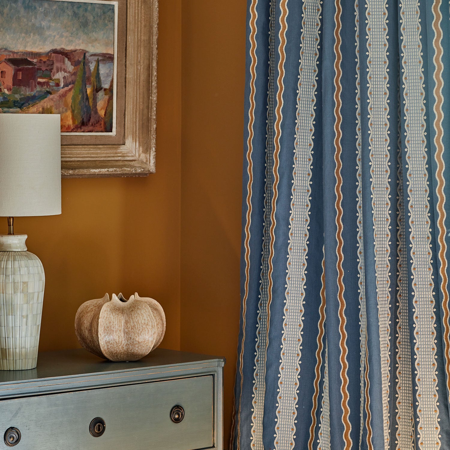 Hermia – River | Embroidery Fabric by Linwood | Playful Stripe Linen