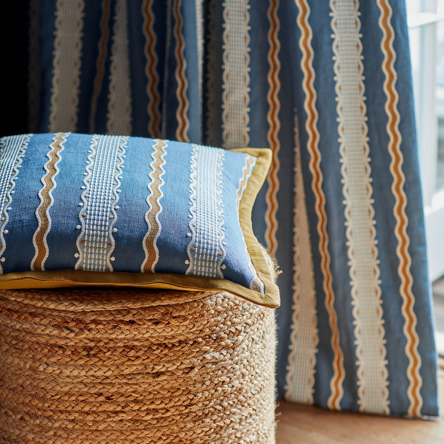 Hermia – River | Embroidery Fabric by Linwood | Playful Stripe Linen