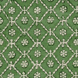 Linen fabric with a hand block-style pattern in green, black and cream