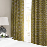 Linen curtain with a hand block-style pattern in yellow, black and cream