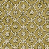 Linen fabric with a hand block-style pattern in yellow, black and cream