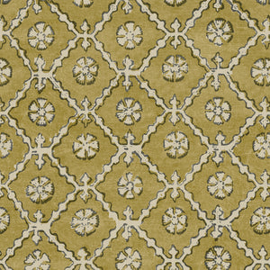 Linen fabric with a hand block-style pattern in yellow, black and cream