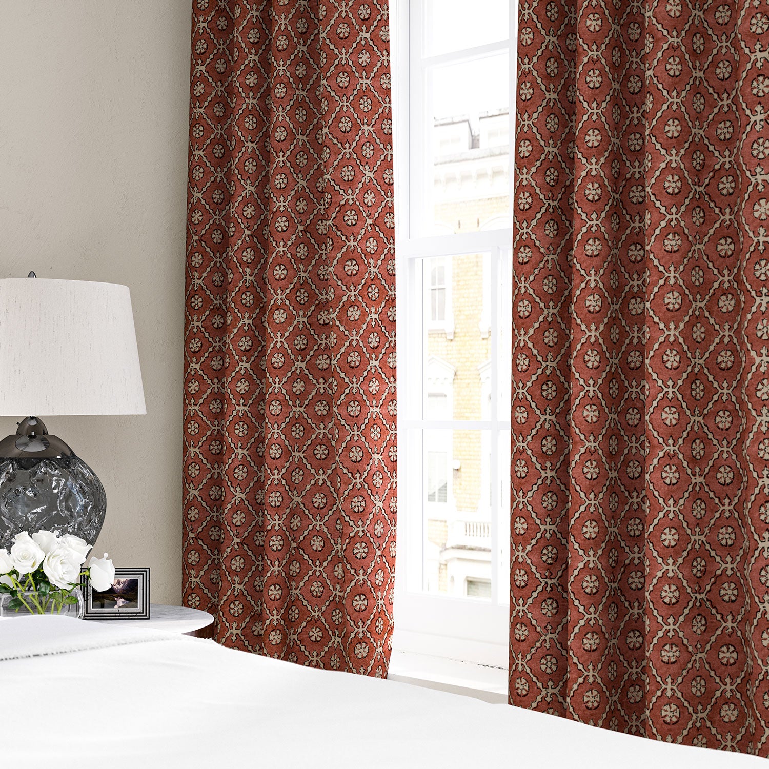 Linen curtain with a hand block-style pattern 