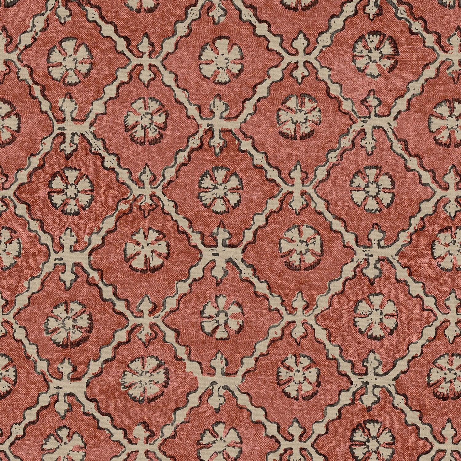 Linen fabric with a hand block-style pattern in red, black and cream