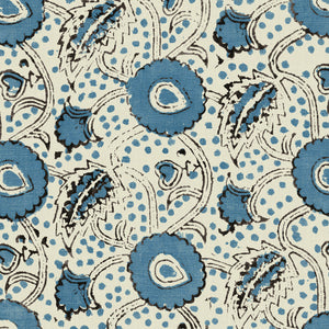 A stylised floral printed on linen fabric in blue, black and cream