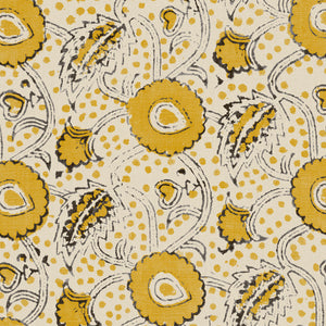 A stylised floral printed on linen fabric in yellow, black and cream