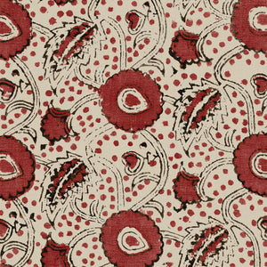 A stylised floral printed on linen fabric in red, black and cream