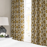 Stylised floral linen curtain in orange, black and cream