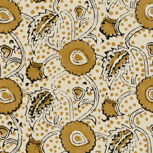 A stylised floral printed on linen fabric in orange, black and cream