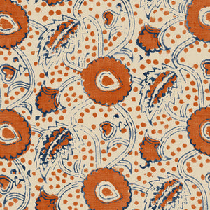 A stylised floral printed on linen fabric in red, blue and cream