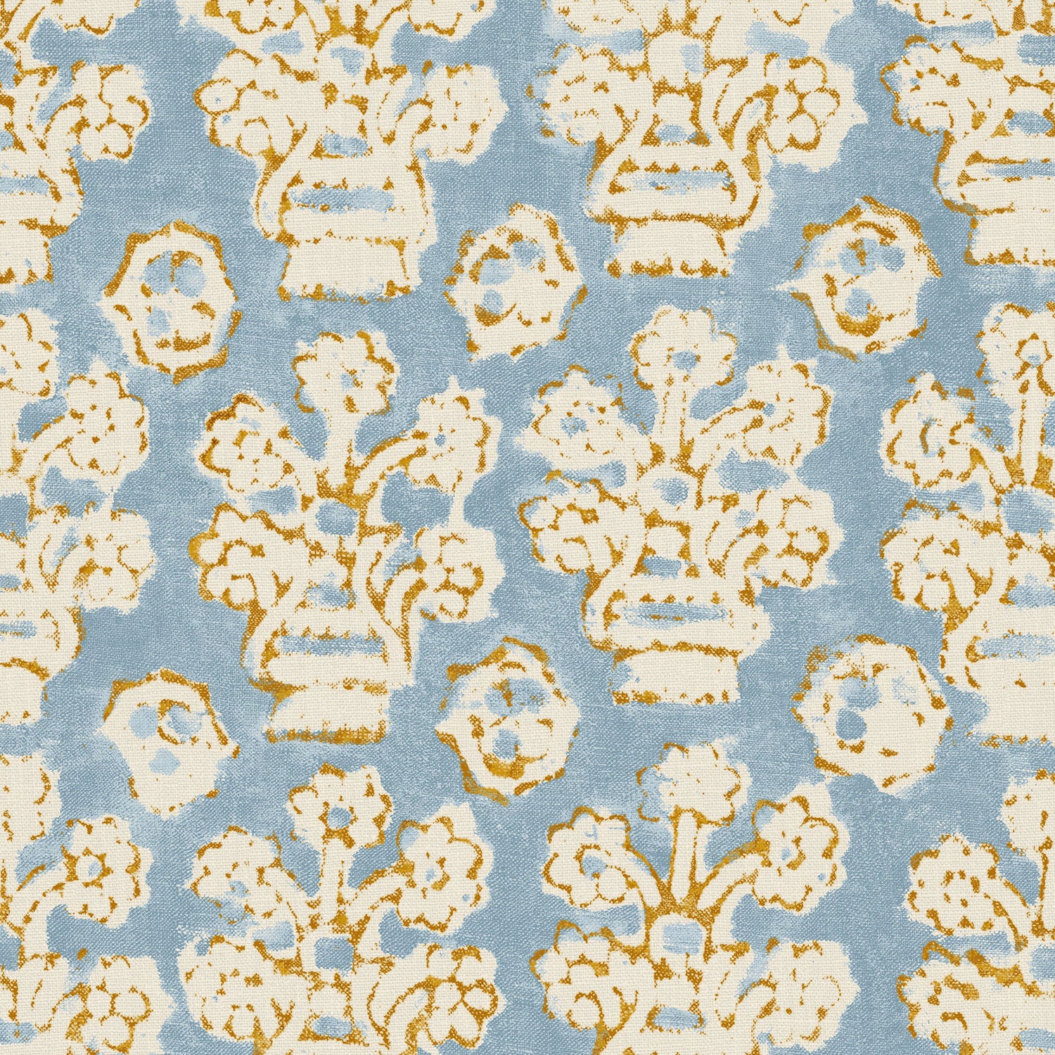 A jolly printed linen fabric in blue, yellow and cream
