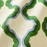 A printed linen fabric sample in green, blue, and off white featuring a mirrored ribbon pattern.