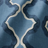 A printed linen fabric sample in blue, black, and off white featuring a mirrored ribbon pattern.