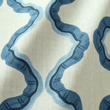 A printed linen fabric sample in blue and off white featuring a mirrored ribbon pattern.