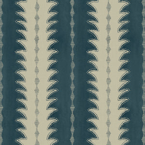 A printed linen fabric sample in blue and off white featuring a striped fern design.