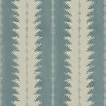 A printed linen fabric sample in blue and off white featuring a striped fern design.