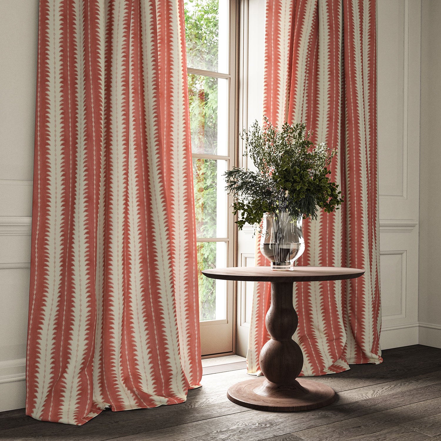 Curtains made from a printed linen fabric in red and off white, featuring a striped fern design.