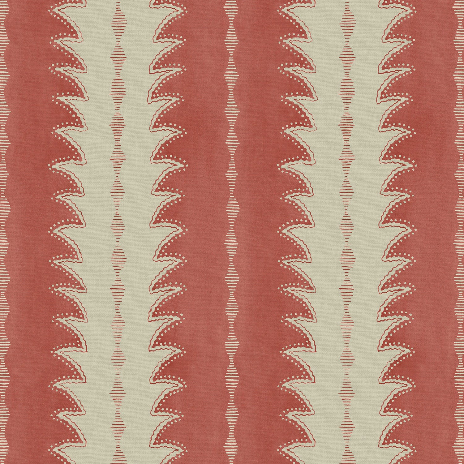 A printed linen fabric sample in red and off white featuring a striped fern design.