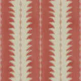 A printed linen fabric sample in red and off white featuring a striped fern design.