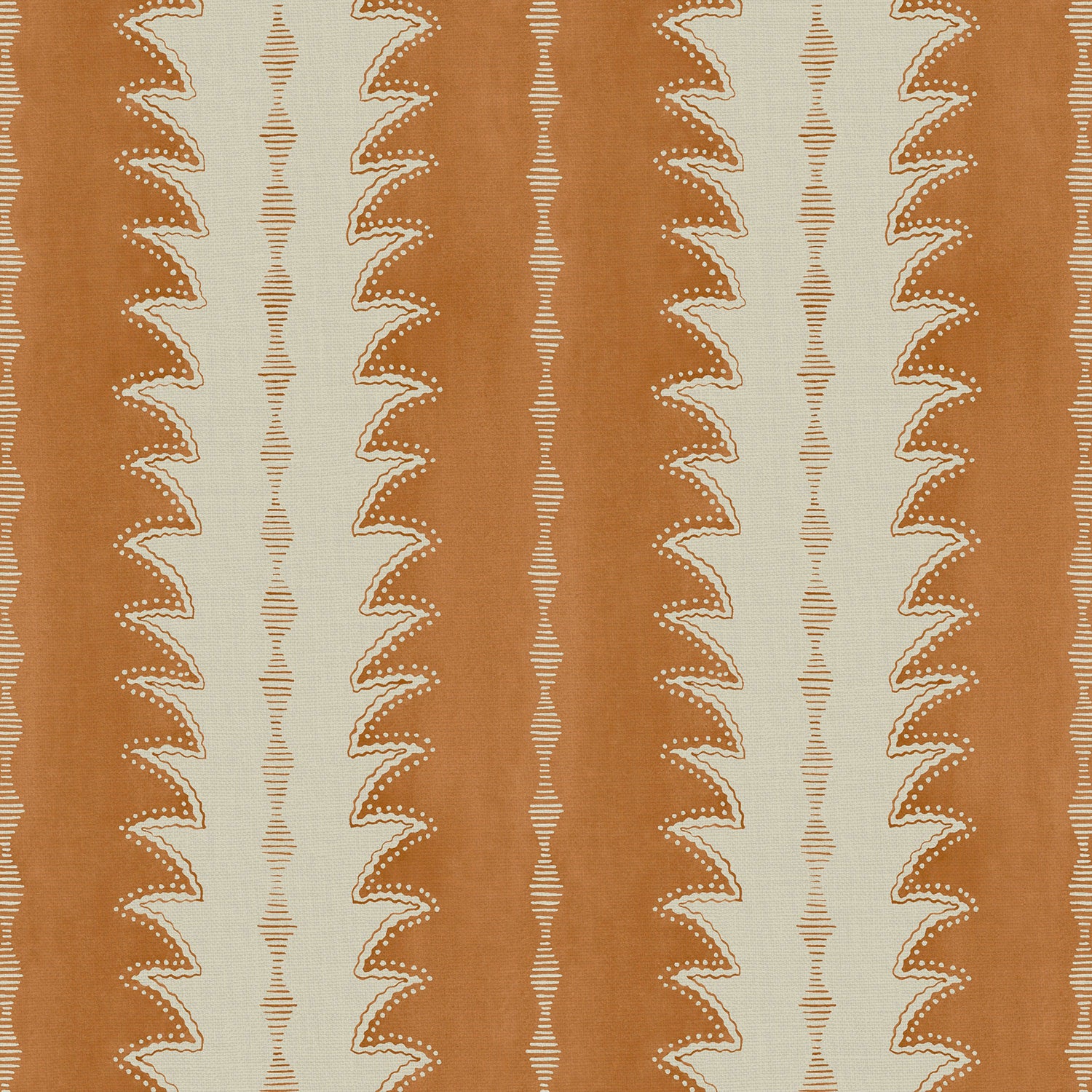 A printed linen fabric sample in orange and off white featuring a striped fern design.