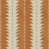A printed linen fabric sample in orange and off white featuring a striped fern design.