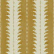A printed linen fabric sample in yellow and off white featuring a striped fern design.