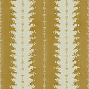 A printed linen fabric sample in yellow and off white featuring a striped fern design.