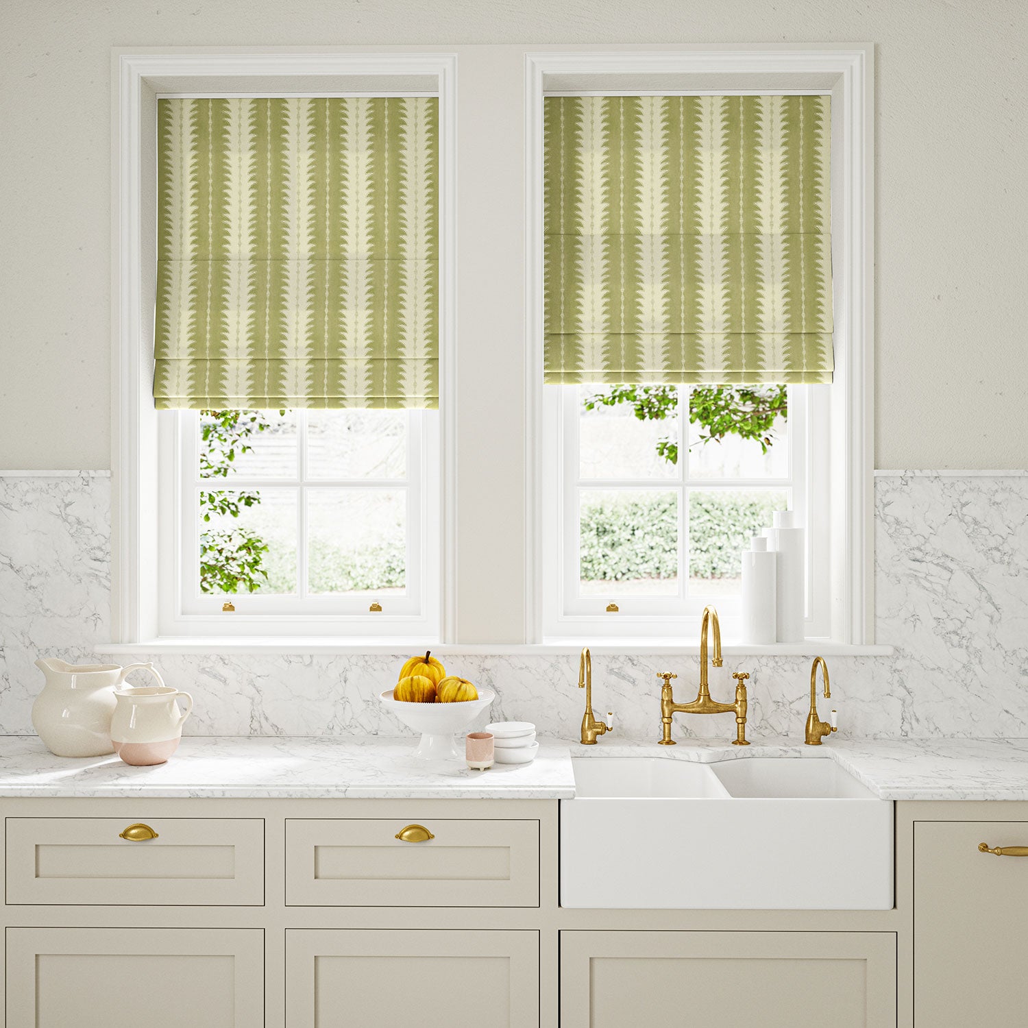 Blinds made from a printed linen fabric in green and off white, featuring a striped fern design.