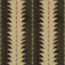 A printed linen fabric sample in black and off white featuring a striped fern 
