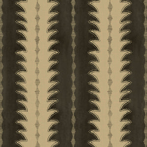 A printed linen fabric sample in black and off white featuring a striped fern 