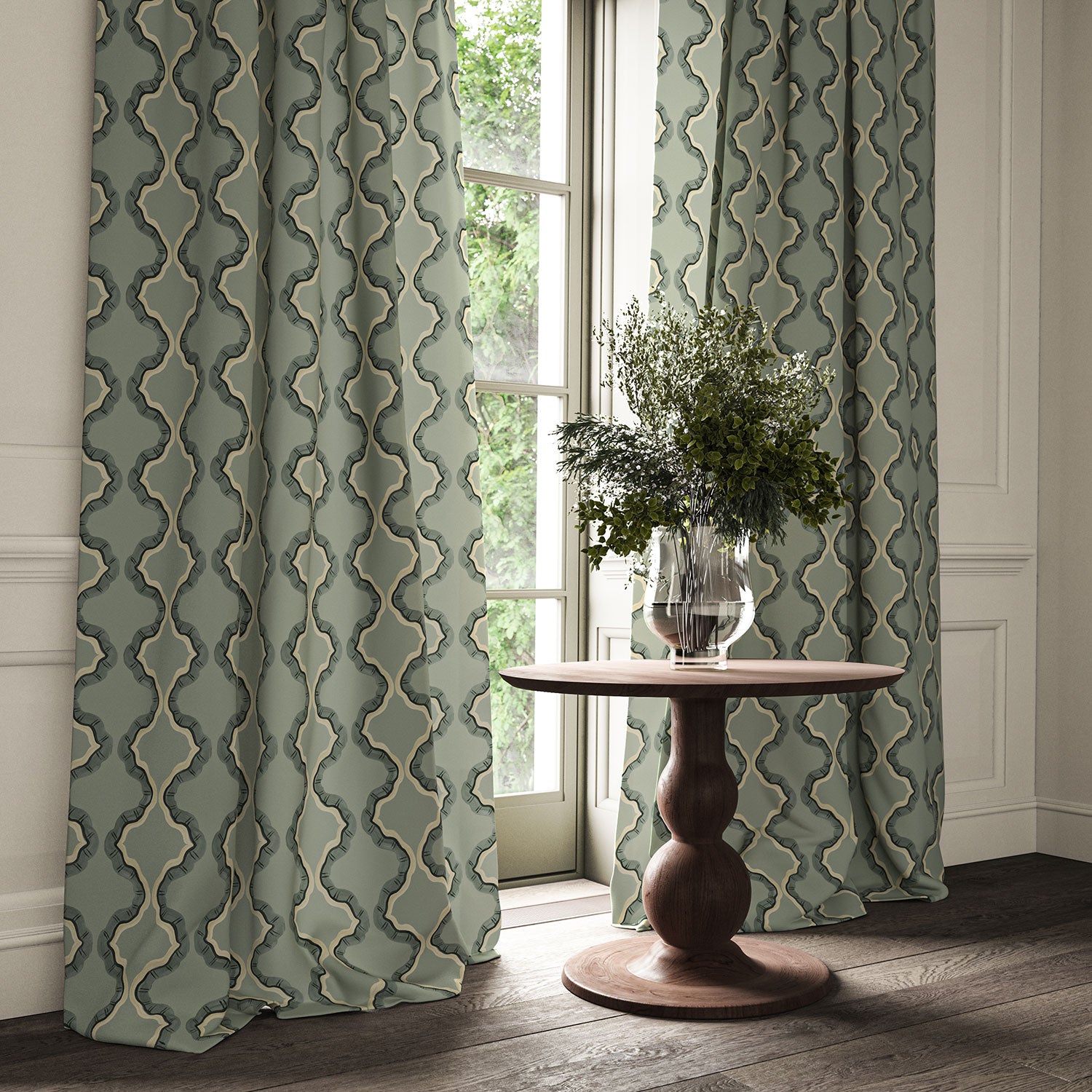 Curtains made from a printed linen fabric in blue, black, and off white featuring a mirrored ribbon pattern.