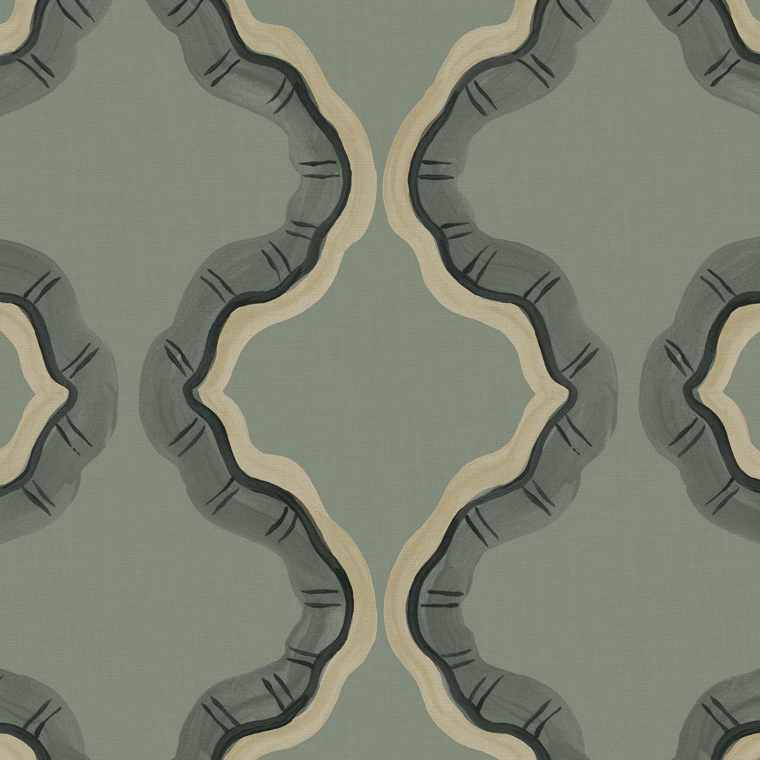 A printed linen fabric sample in blue, black, and off white featuring a mirrored ribbon pattern.