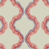 A printed linen fabric sample in pink, purple, red, and off white featuring a mirrored ribbon pattern.