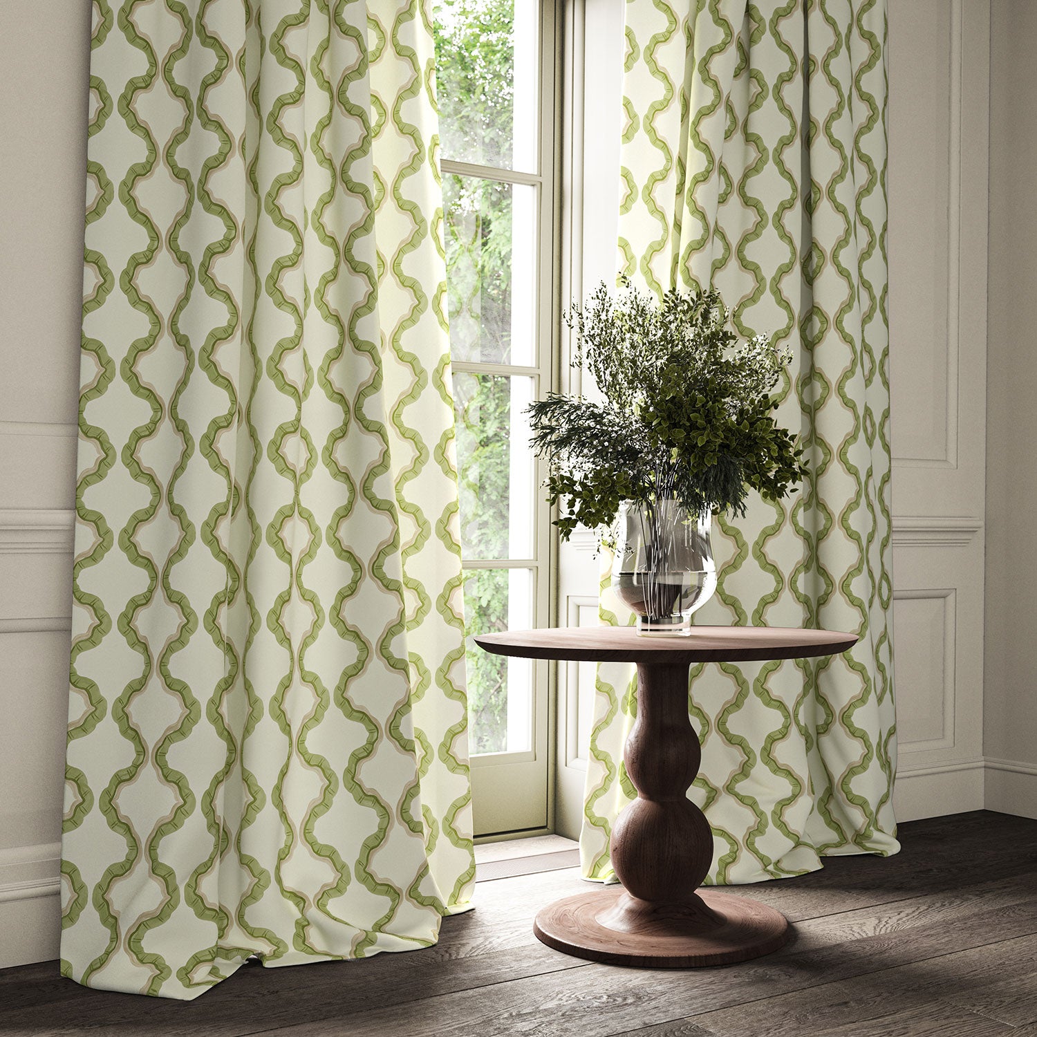 Curtains made from a printed linen fabric in green, brown, and off white featuring a mirrored ribbon pattern.