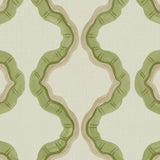 A printed linen fabric sample in green, brown, and off white featuring a mirrored ribbon pattern.