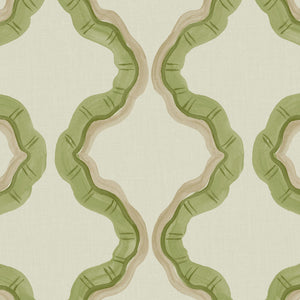 A printed linen fabric sample in green, brown, and off white featuring a mirrored ribbon pattern.