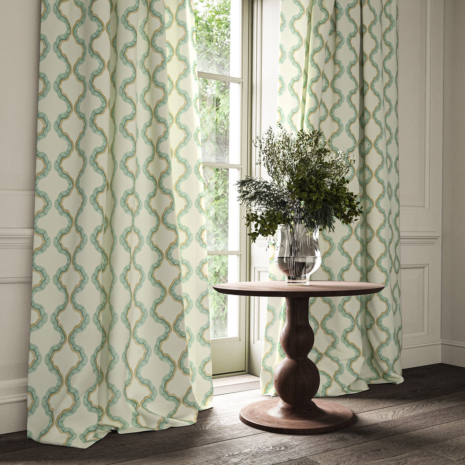 Curtains made from a printed linen fabric in blue, brown, and off white featuring a mirrored ribbon pattern.