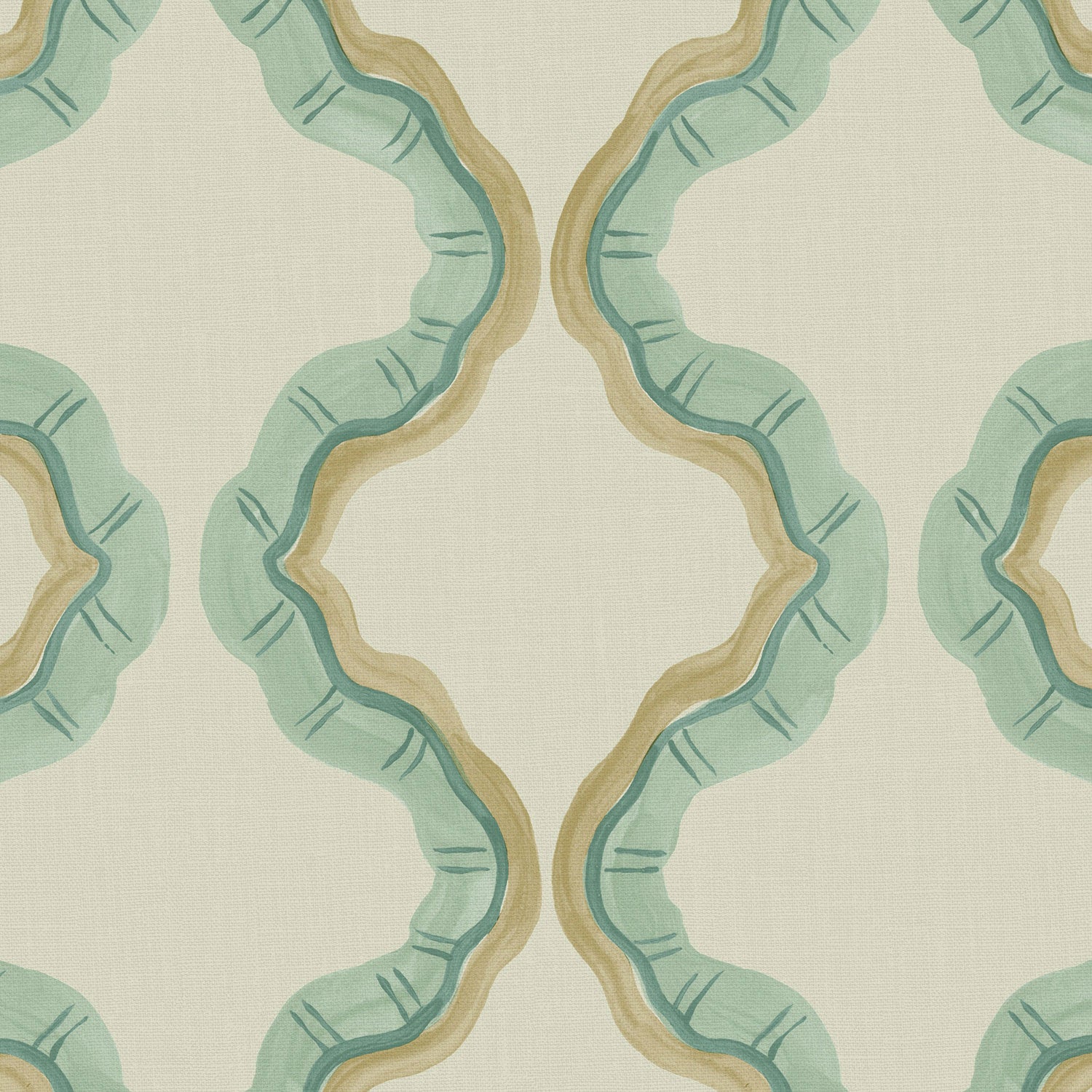 A printed linen fabric sample in blue, brown, and off white featuring a mirrored ribbon pattern.